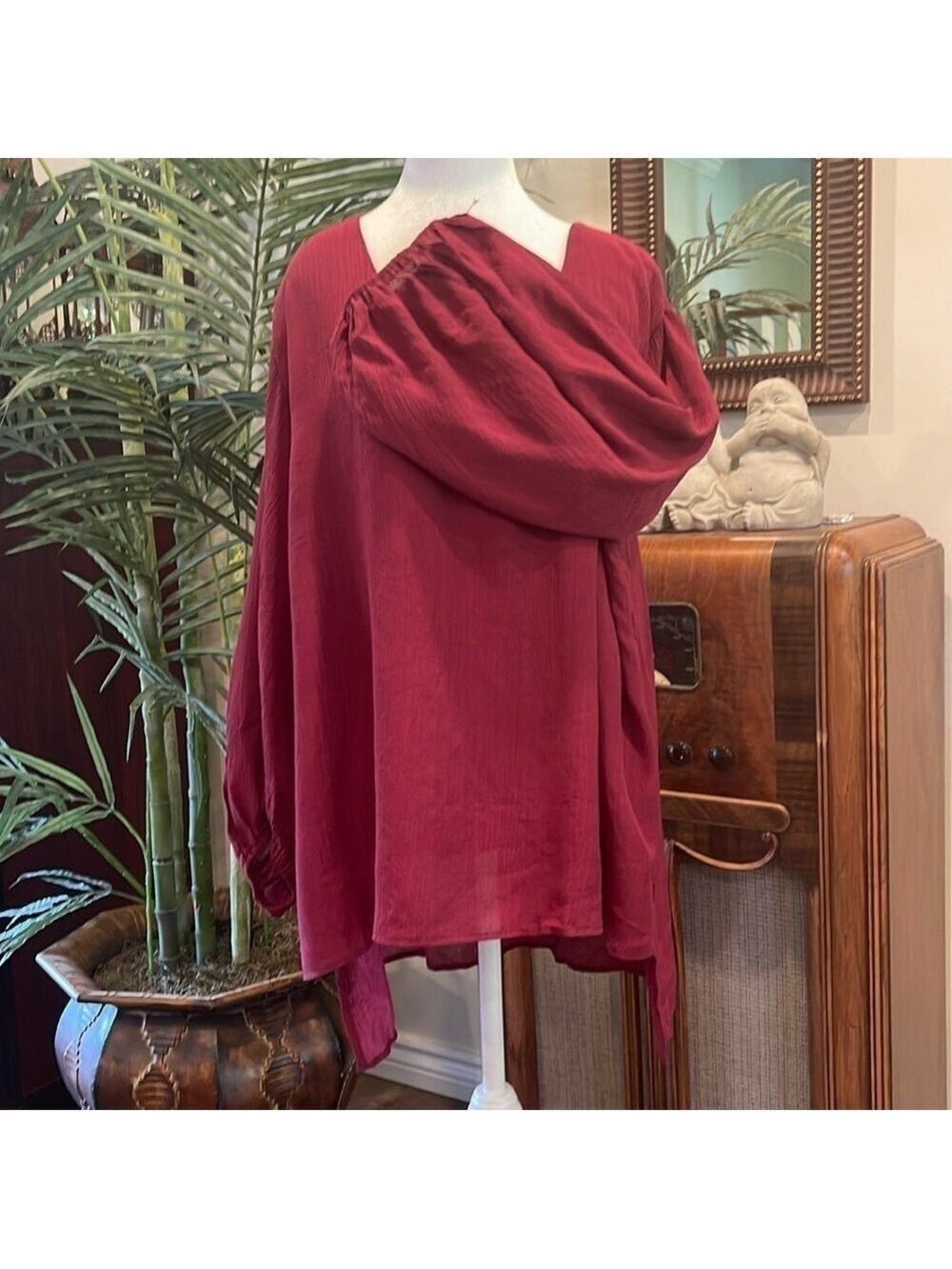 Boho Gauze Drape Blouse Burgundy High Low Oversized XL 1X